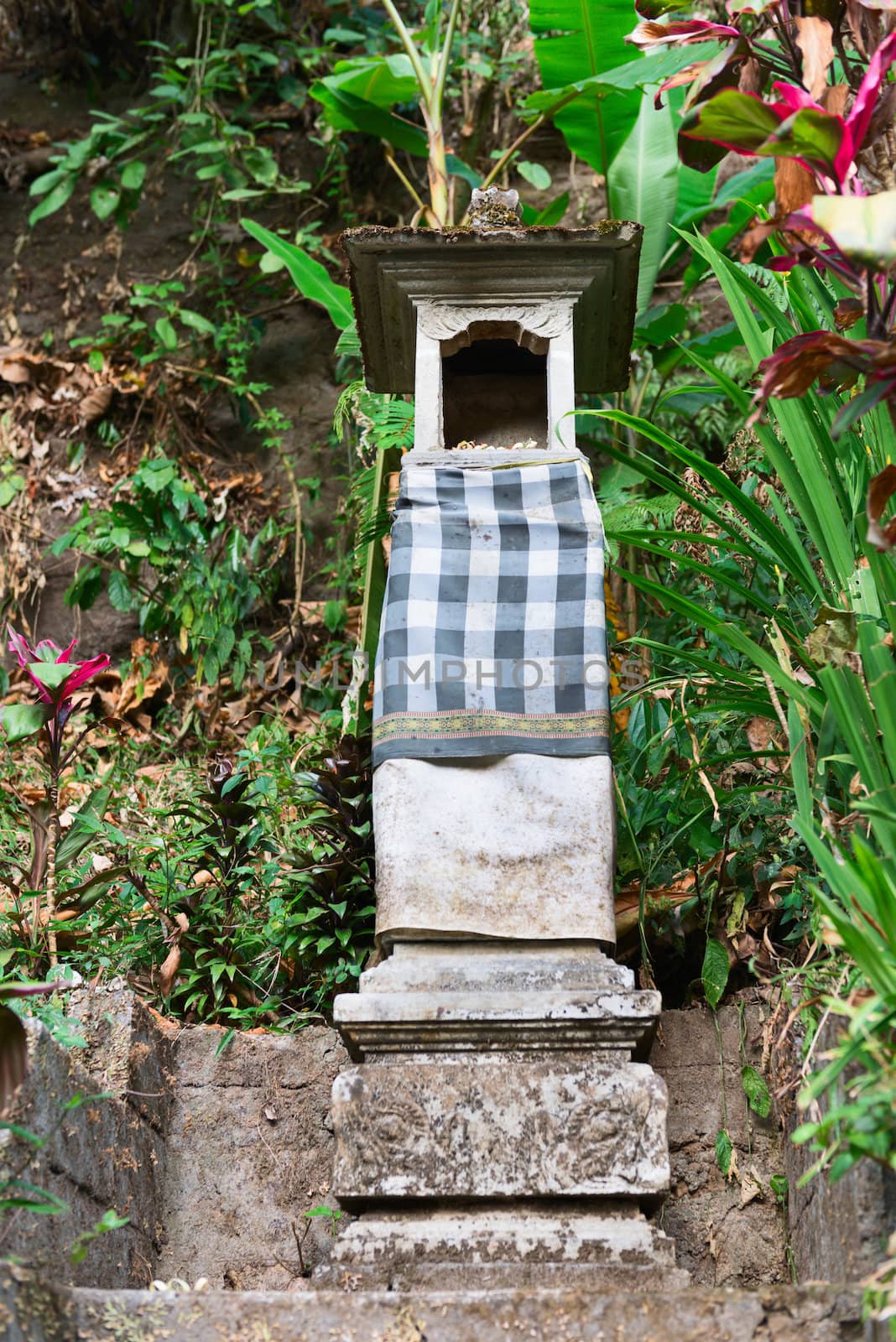 Traditional Balinese house of spirits with tropical forest on background