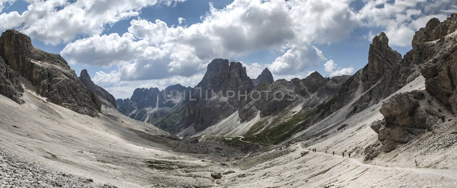 panoramic view of Valle del Vajolet from Principe Mountain Pass, Dolomiti - Italy