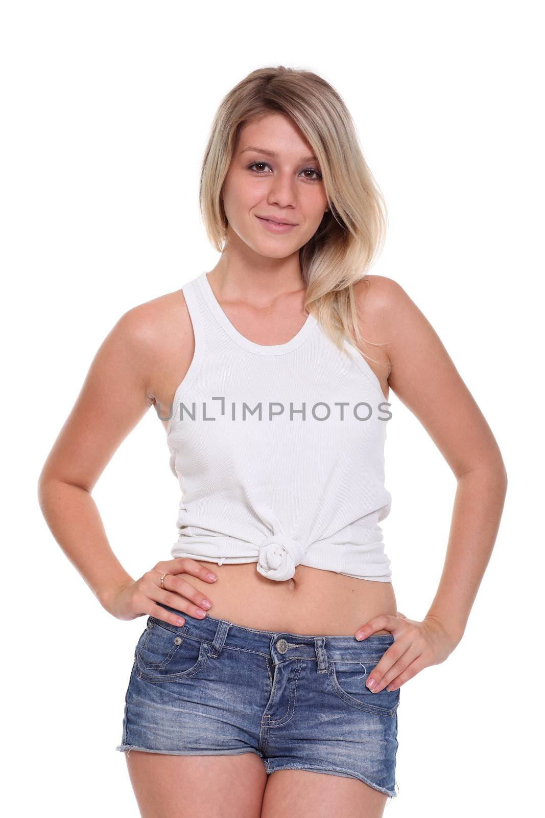 beautiful young woman in blue short