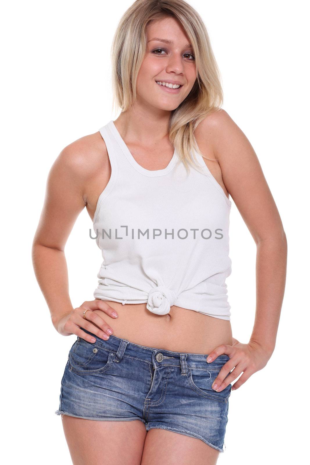 beautiful young woman in blue short