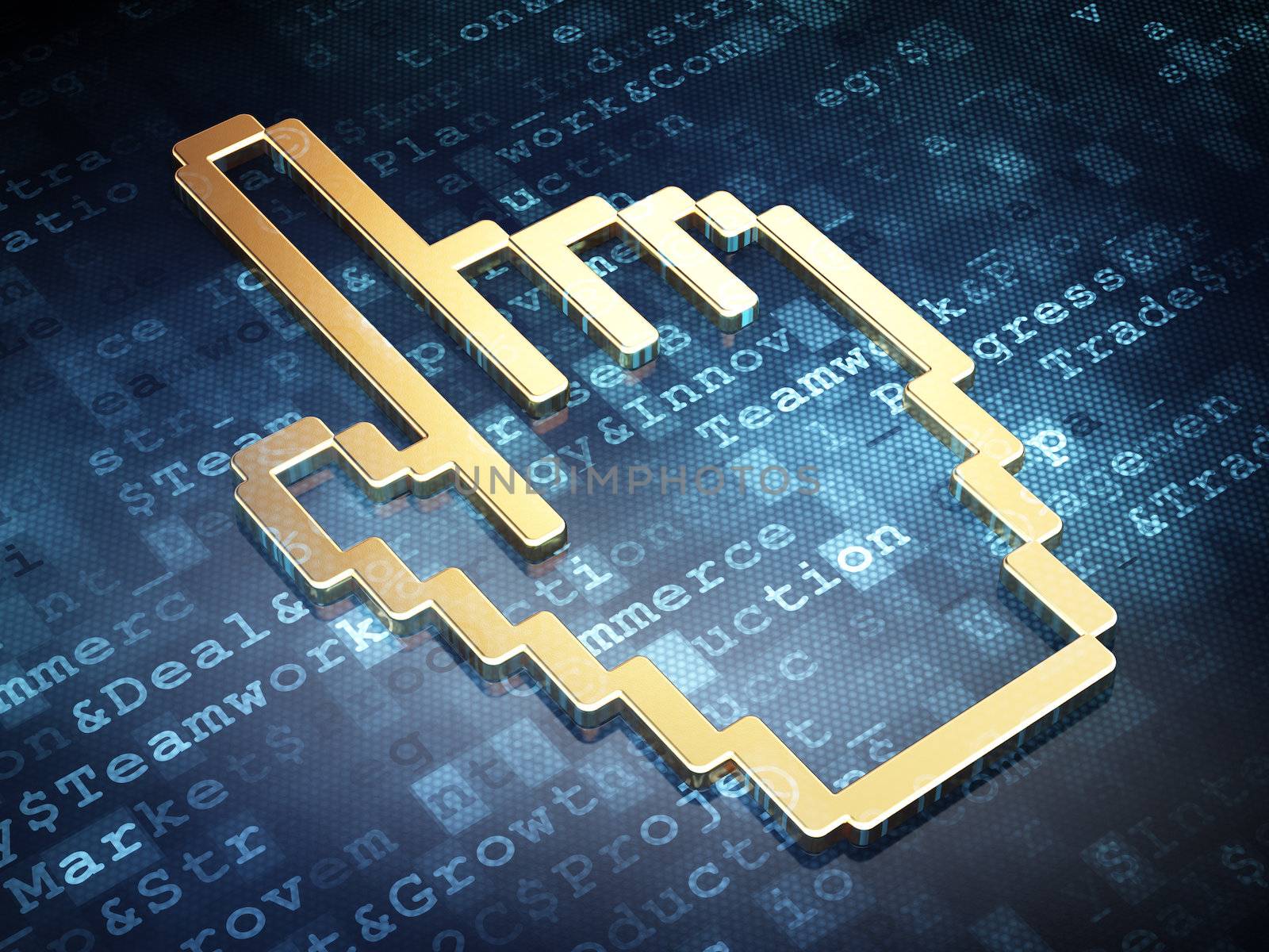 Advertising concept: Golden Mouse Cursor on digital background, 3d render