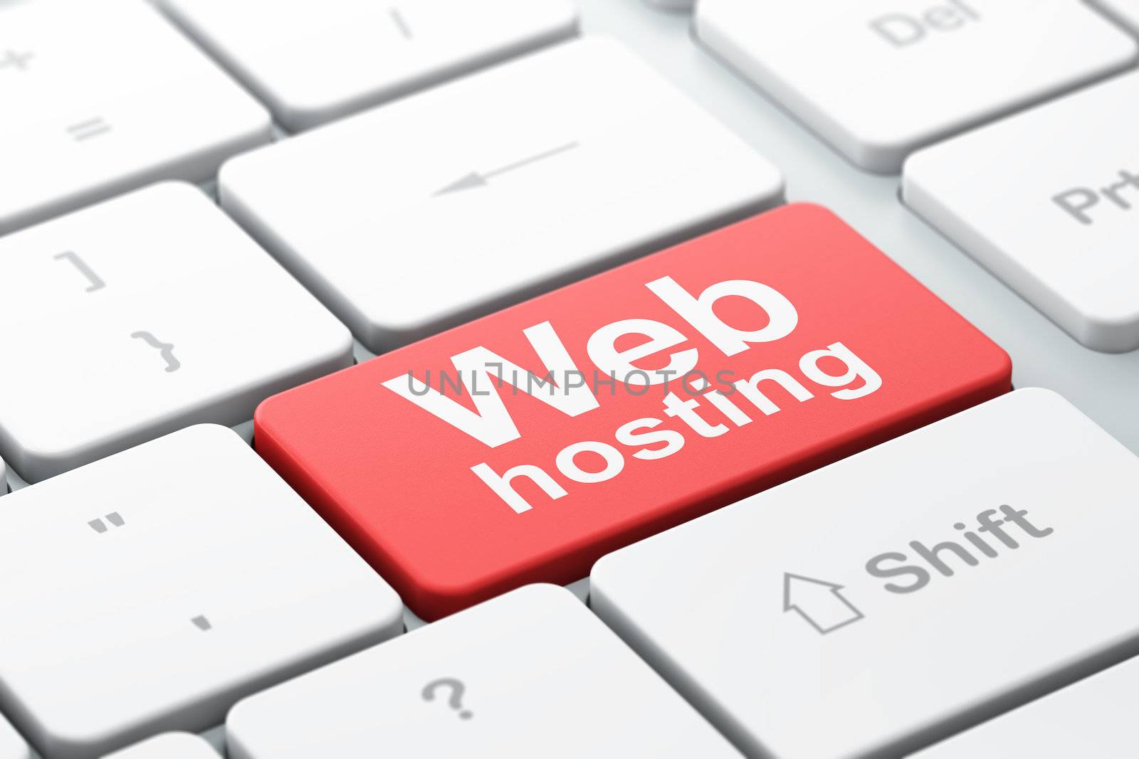 SEO web design concept: computer keyboard with word Web Hosting, selected focus on enter button background, 3d render