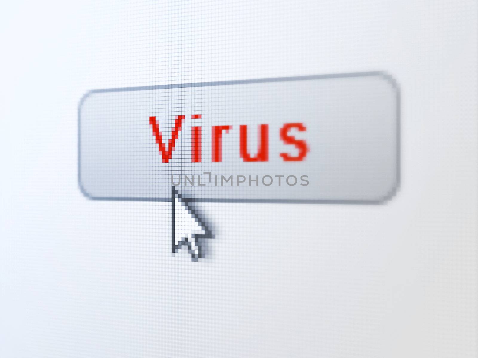 Protection concept: pixelated words Virus on button whis cursor on digital computer screen background, selected focus 3d render