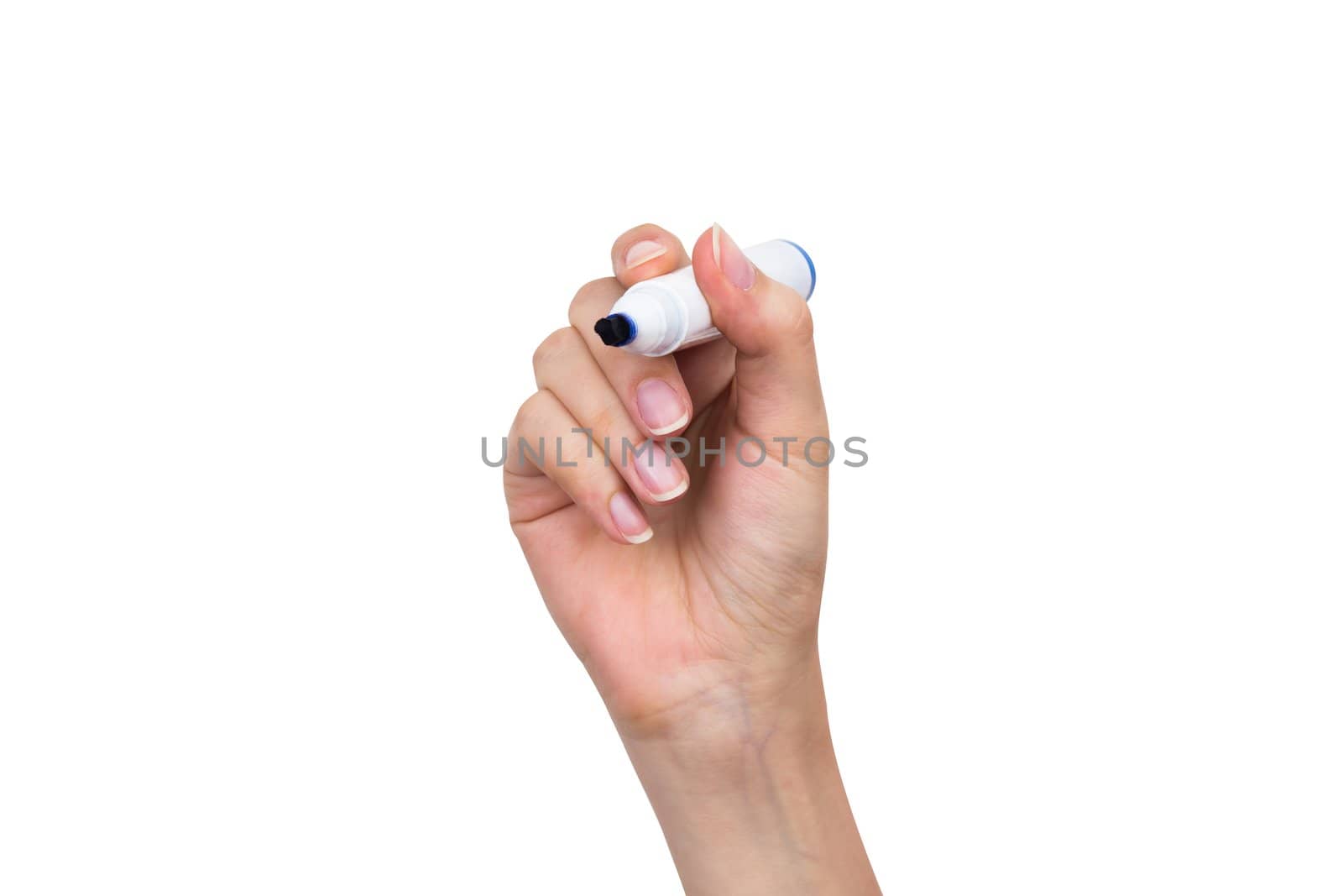 Hand with blue marker isolated over white