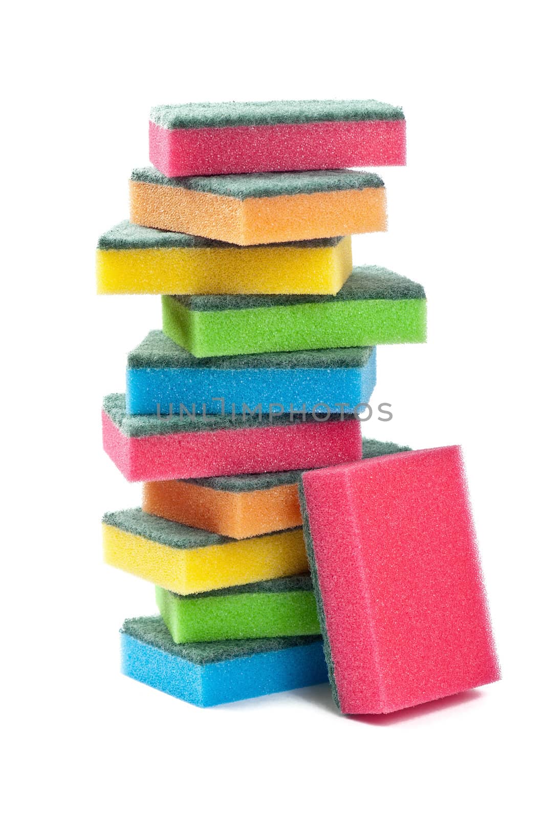Many Colorfull Sponges Tower on White Background