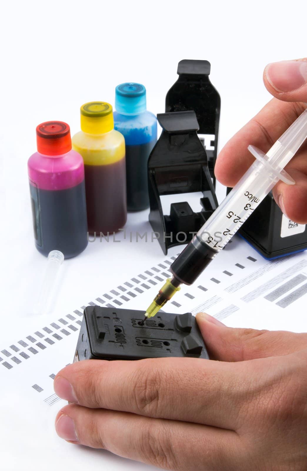 Injecting ink cartridge. Set of refill inkjet for print.