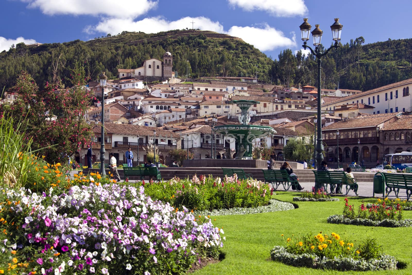 The gardens in the Plaza de Armas in the city of Cuzco in Peru