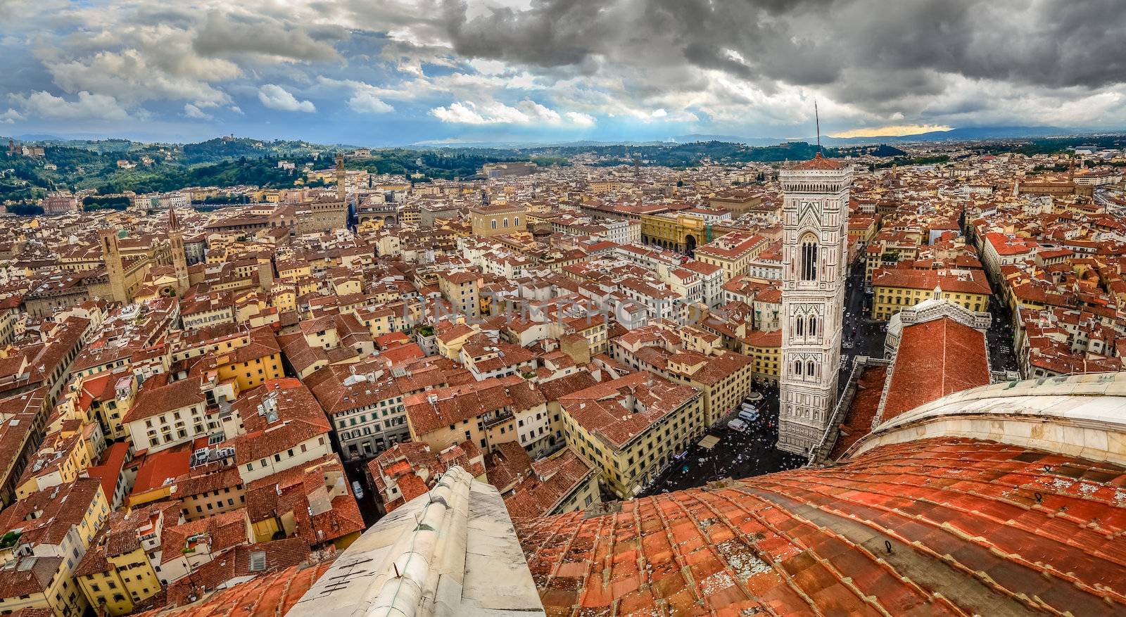 Panoramic view of Florence with Campanila taken from Duomo cathedral cupola, Italy