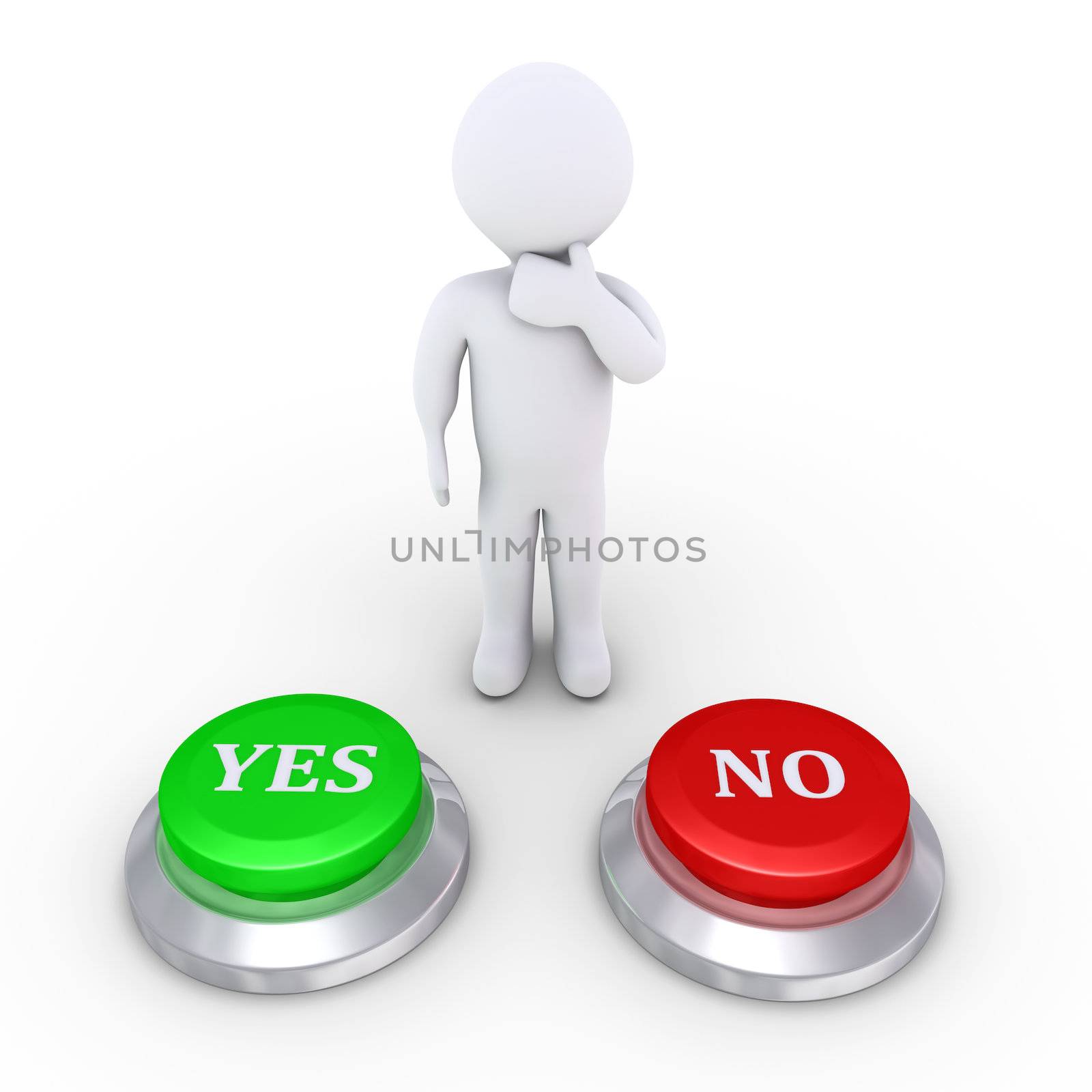 3d person is behind one Yes button and one No button