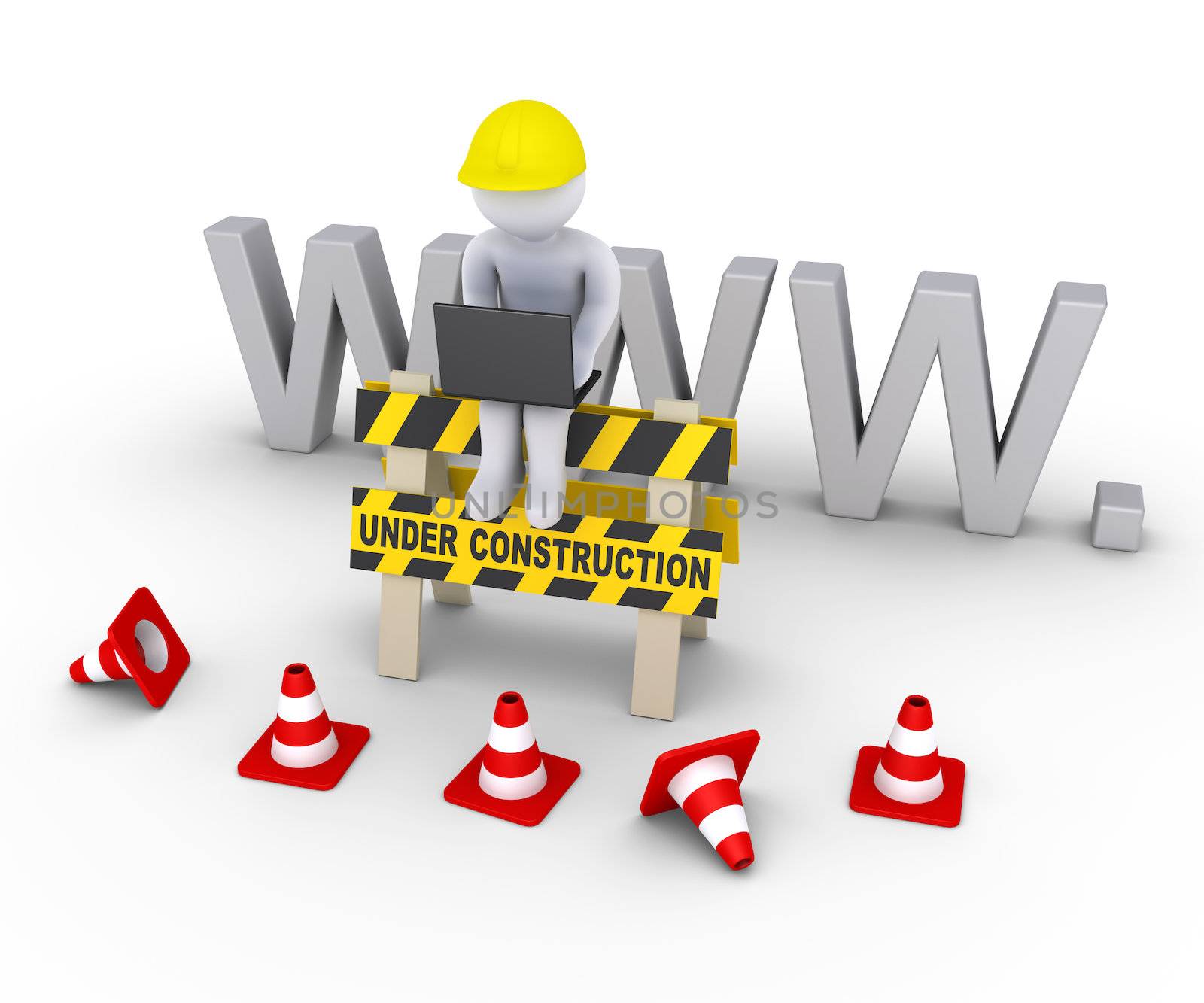 3d worker with laptop is sitting on an under construction sign in front of www letters