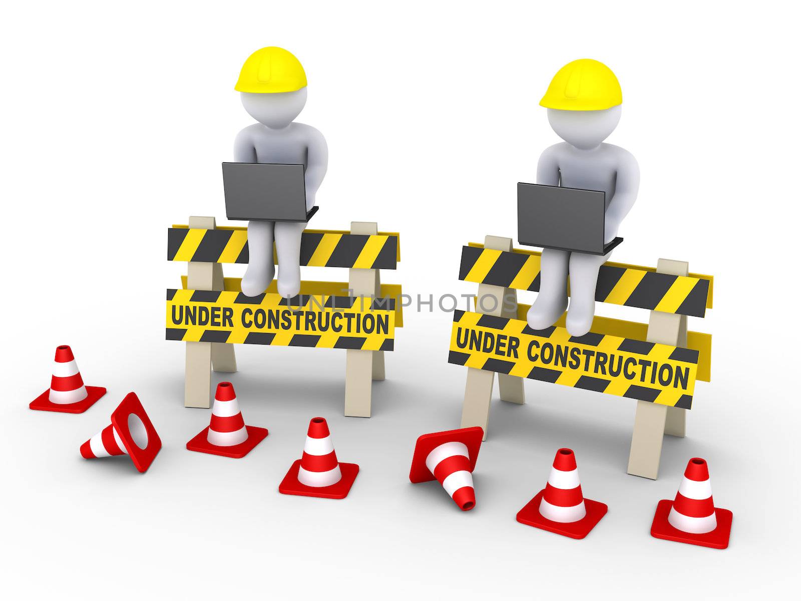 Under construction signs and two workers with laptops by 6kor3dos