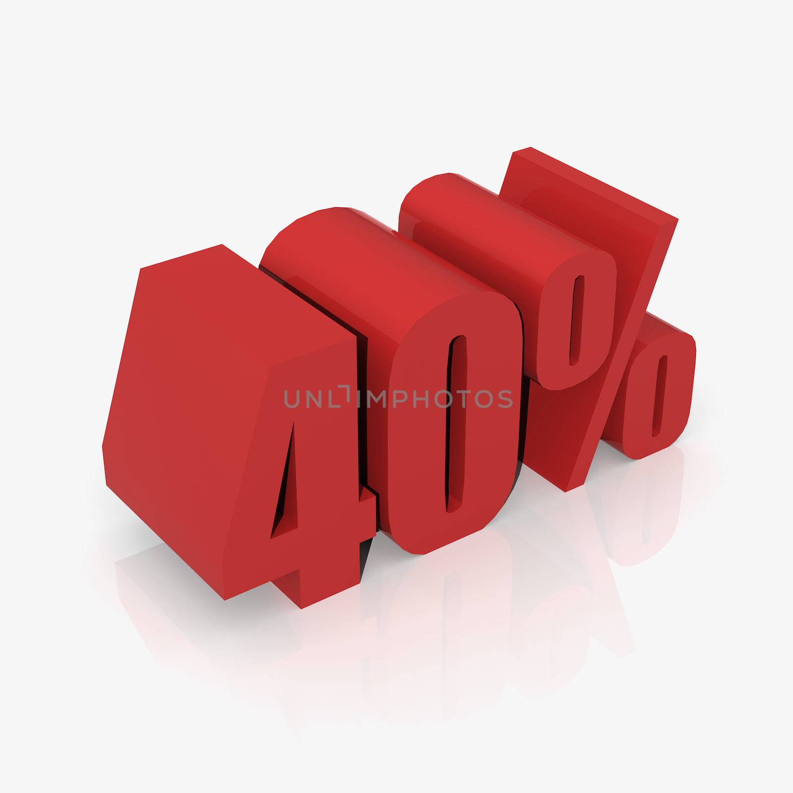 3D rendering of a 40 percent discount in red letters on a white background 