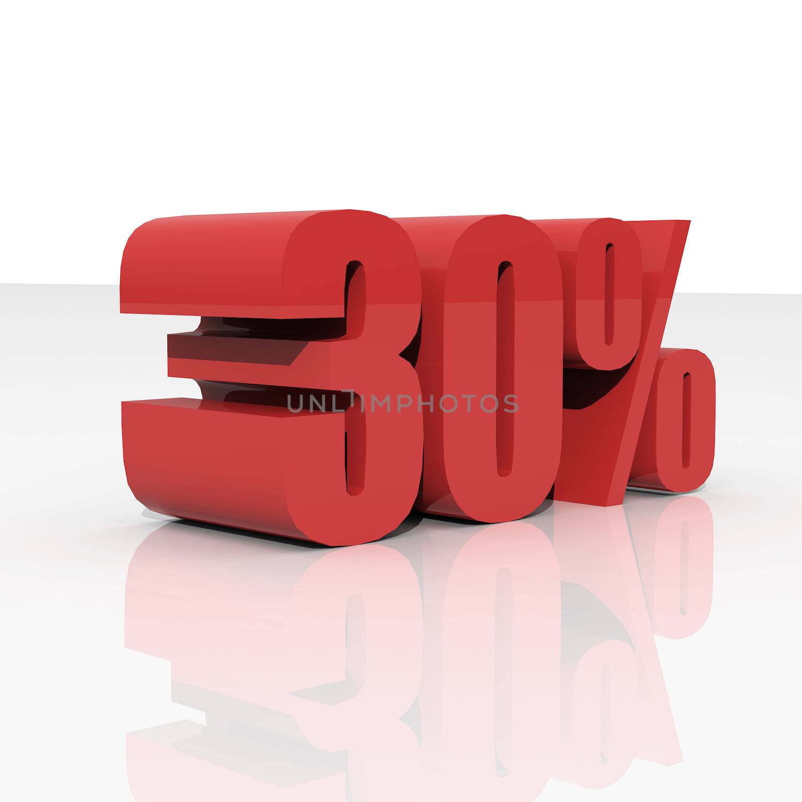 3D rendering of a thirty percent in red letters on a white background 