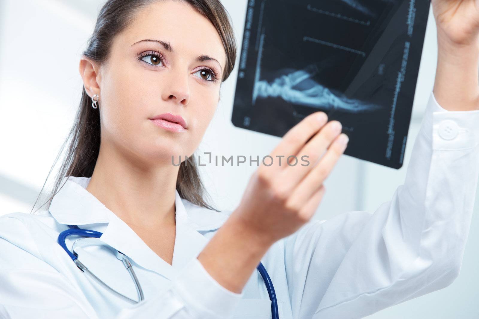 Young woman doctor looking at x-ray photo 