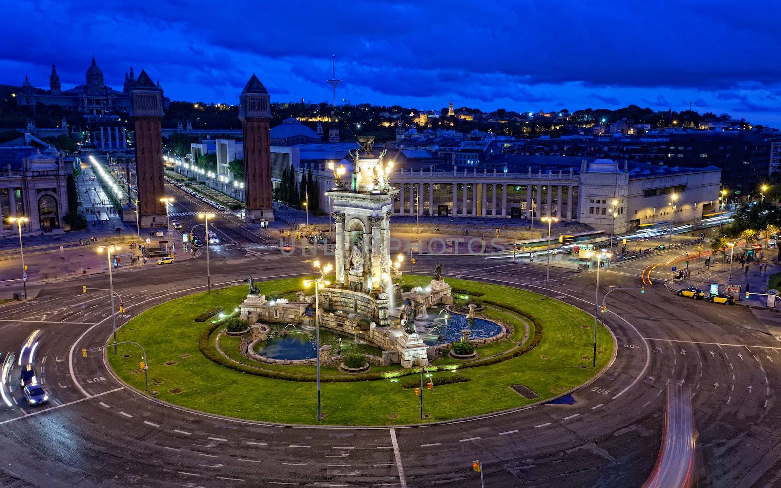 Espanya Square in Barcelona and National Palace at night, top view