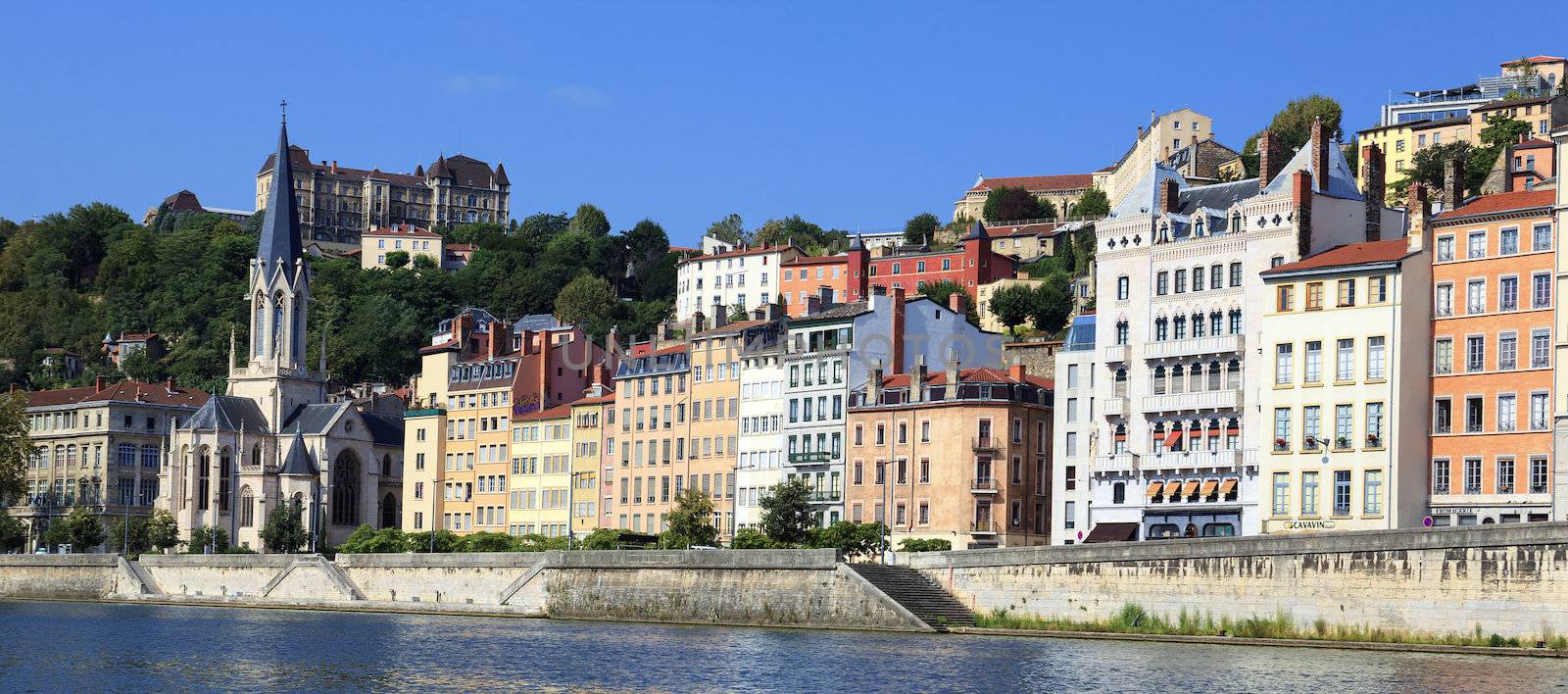 Panoramic view of Saone river with colorful houses, Lyon, France