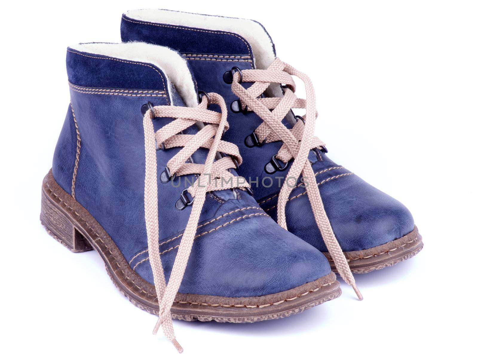 Comfortable Leather Winter Blue Shoes isolated on white background