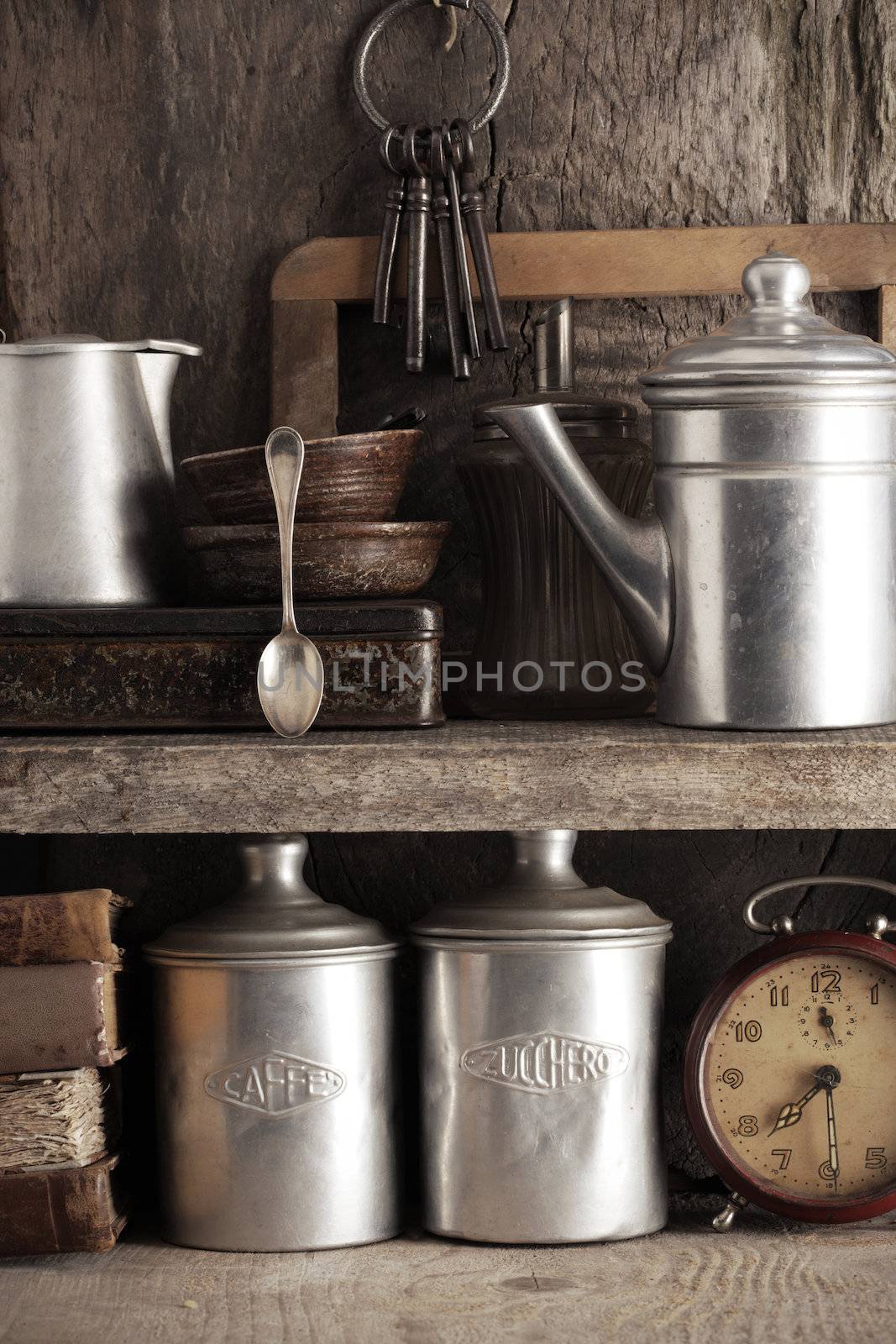 Group of antique objects on an old wood