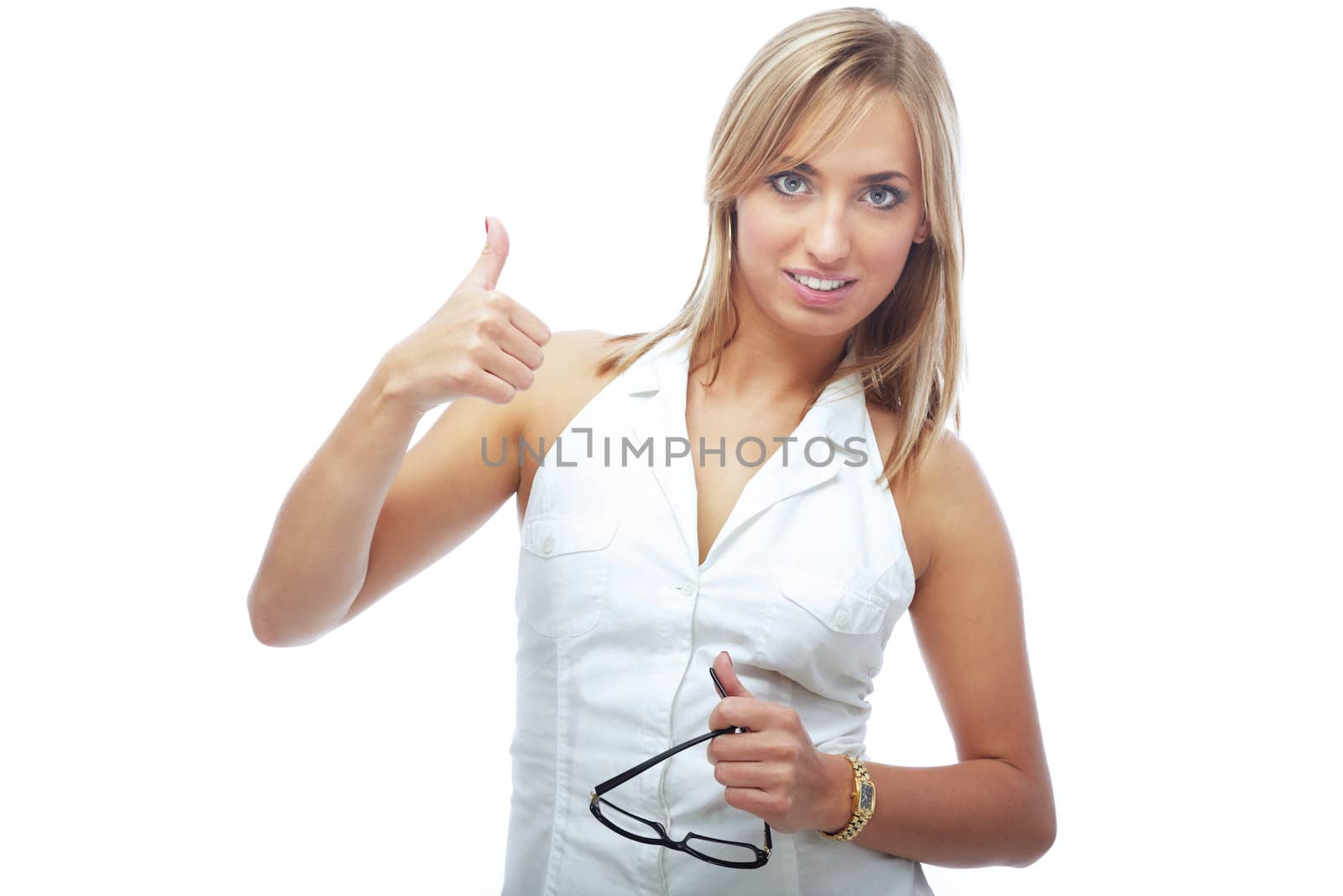 Elegant lady with eyeglasses making OK sign