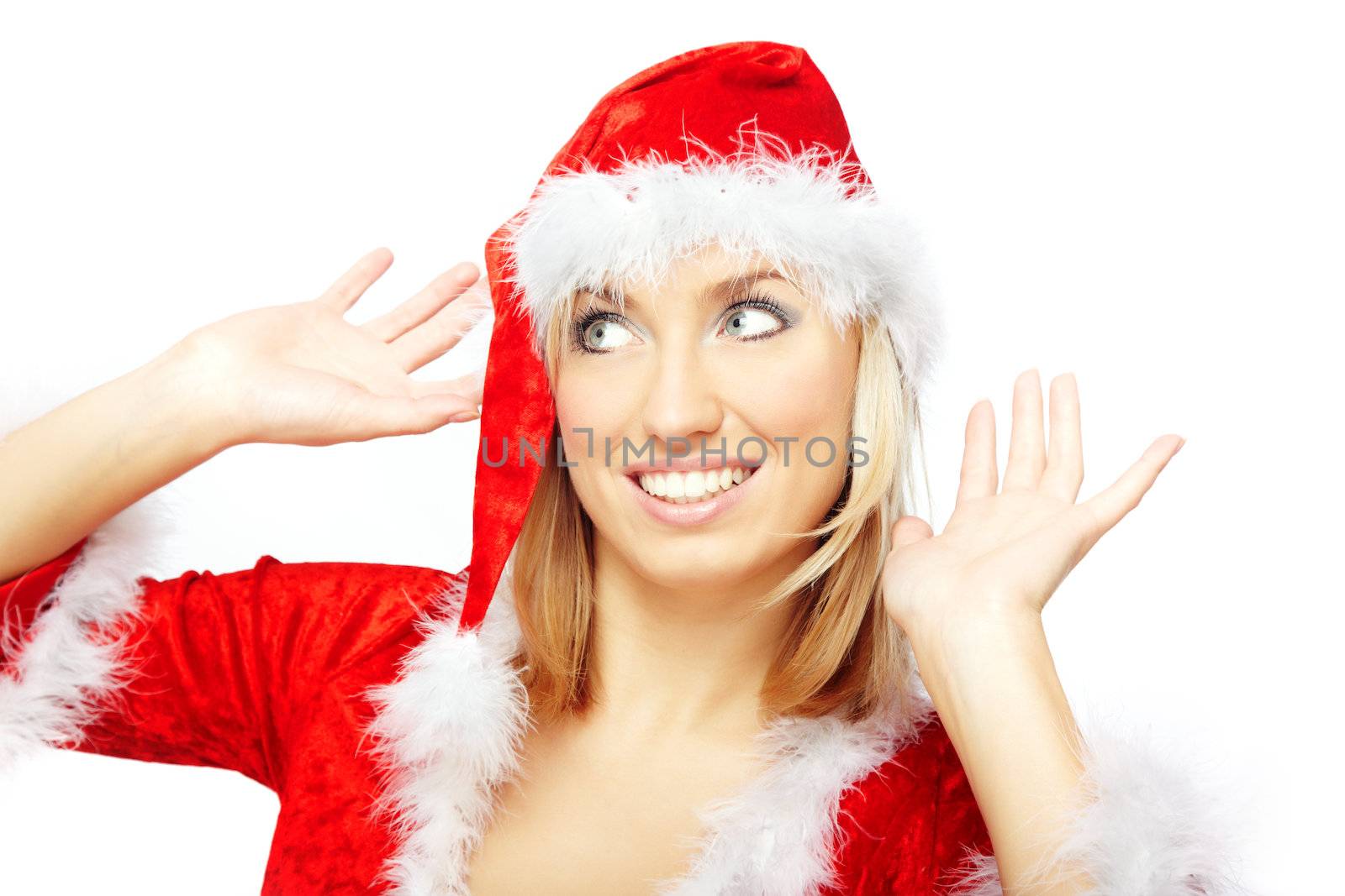 Smiling lady in the red Santa Claus costume on a white background 