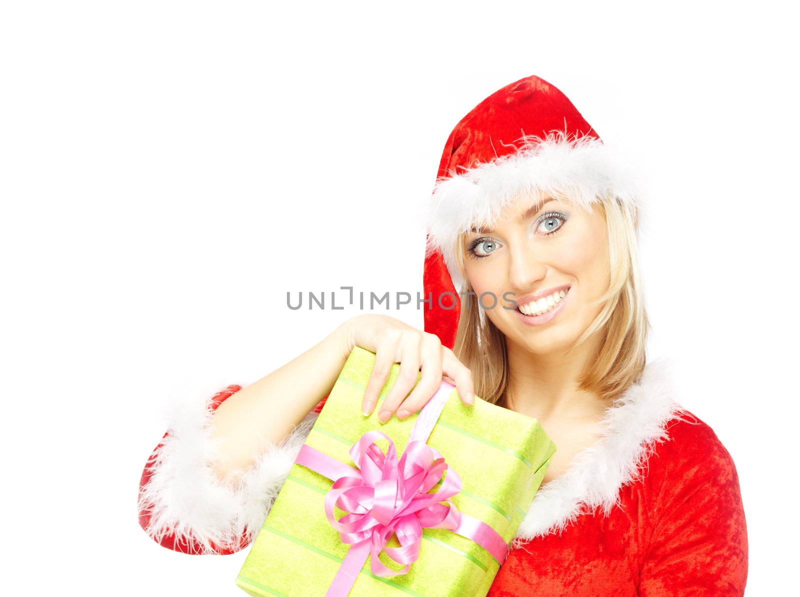 Blond lady in the red Santa Claus costume holding gift box on a white background