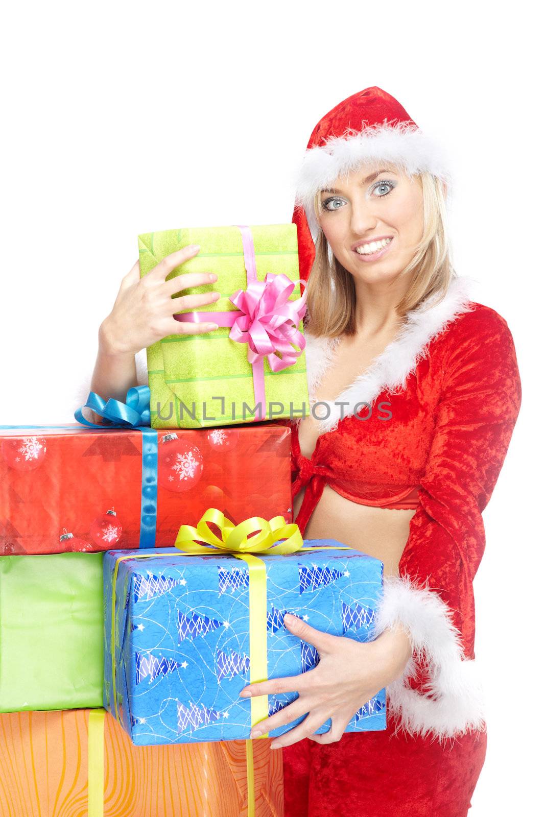 Smiling lady in Santa Claus costume with Christmas gift boxes