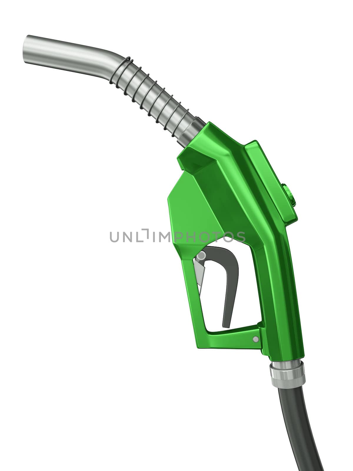 Green gas pump nozzle isolated on white background. 3D render.