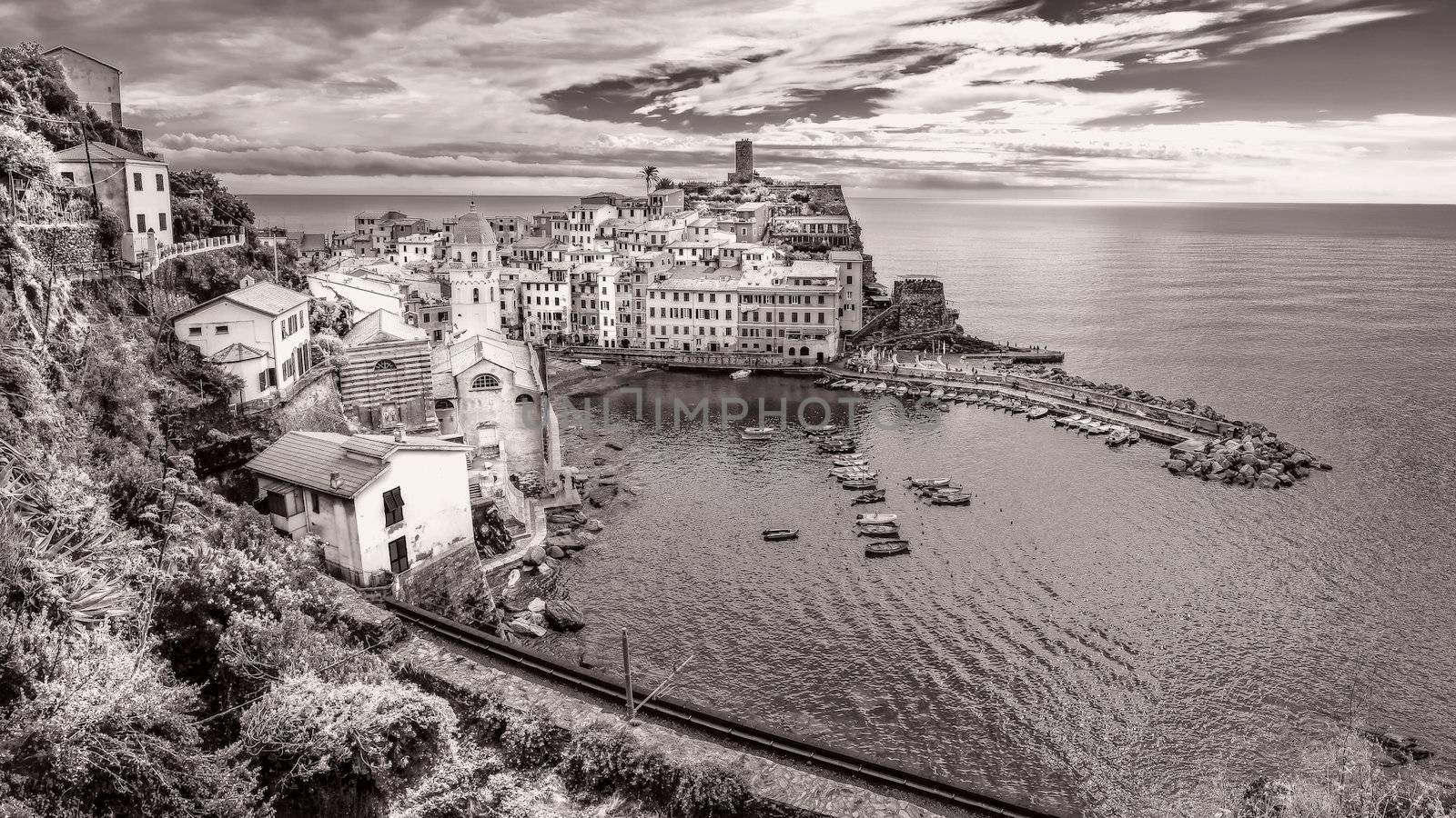 Panoramic vintage view of village and harbor in Vernazza, Cinque Terre, Italy