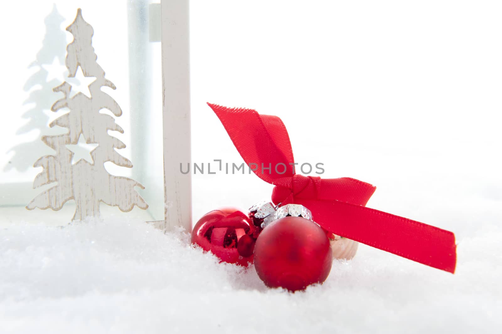 Red christmas balls in the snow