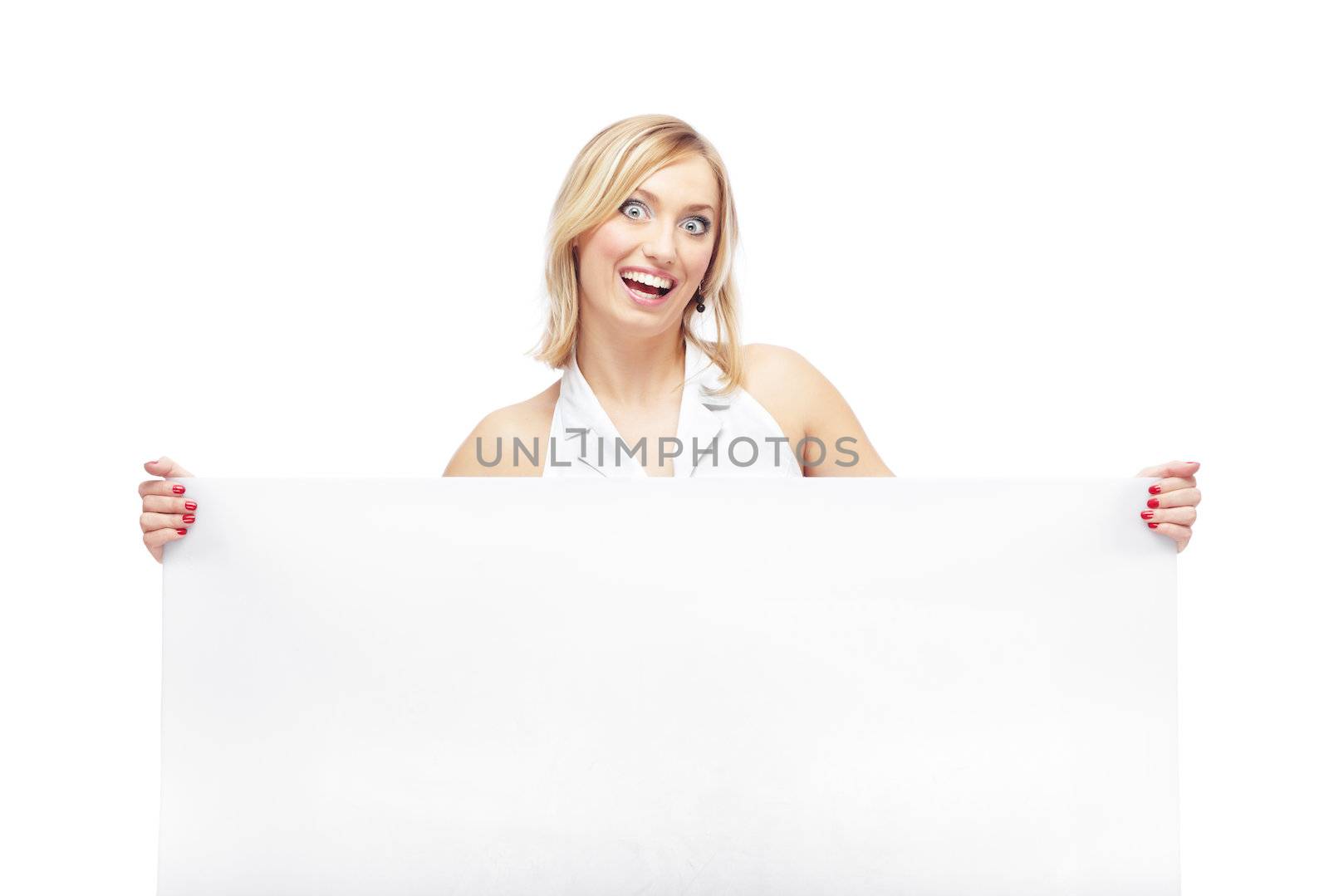 Happy woman holding the blank paper for any message