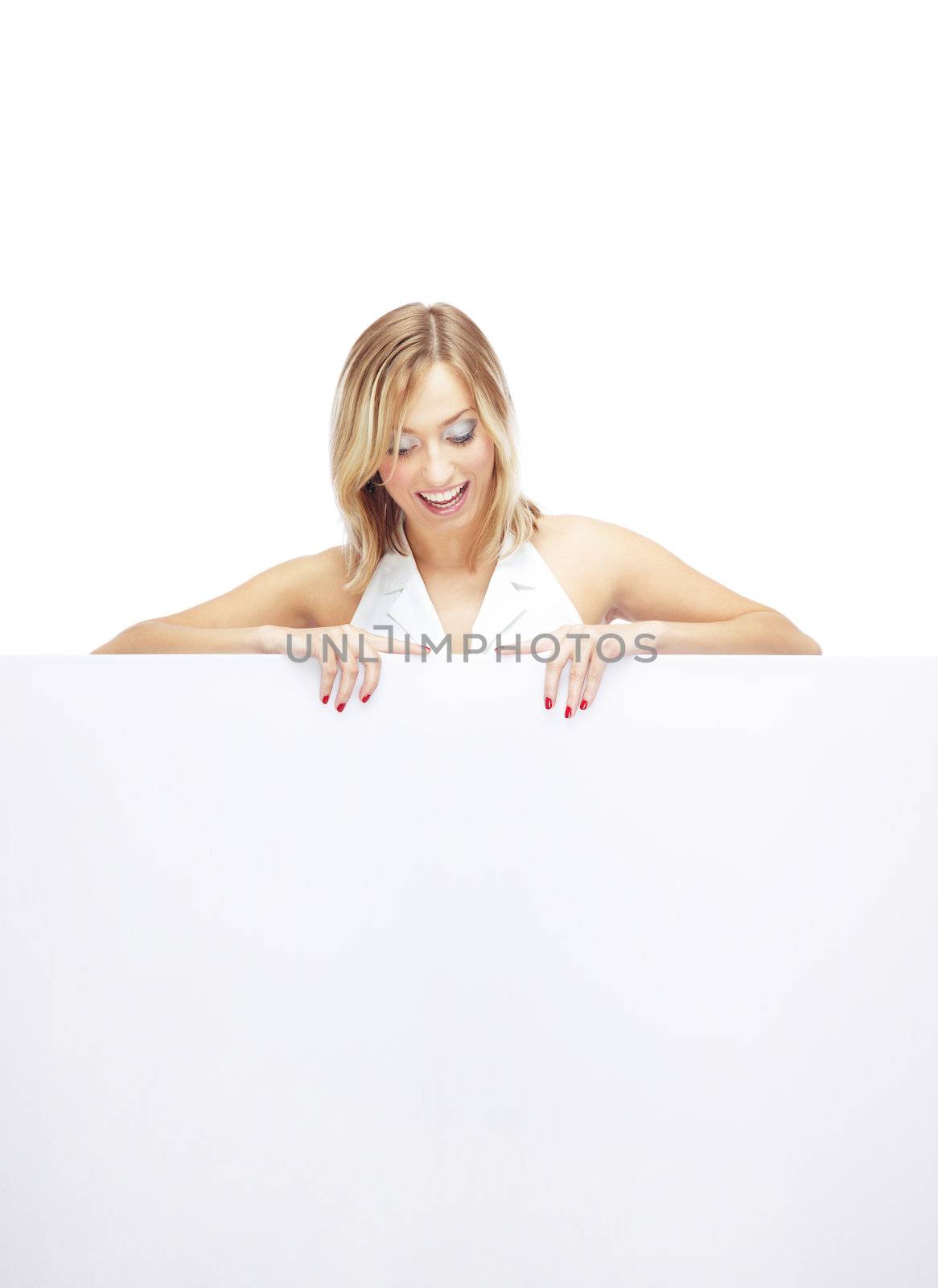 Happy lady holding paper billboard on a white background