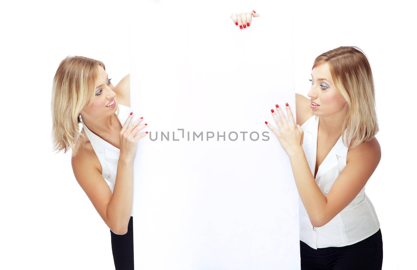 One businesswoman holding empty billboard from two sides