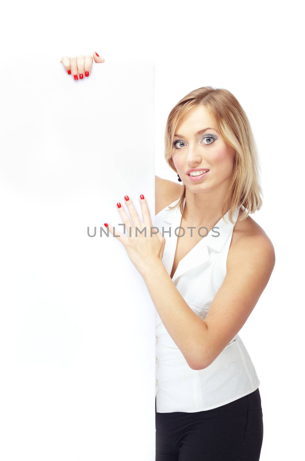 Smiling lady holding blank paper billboard