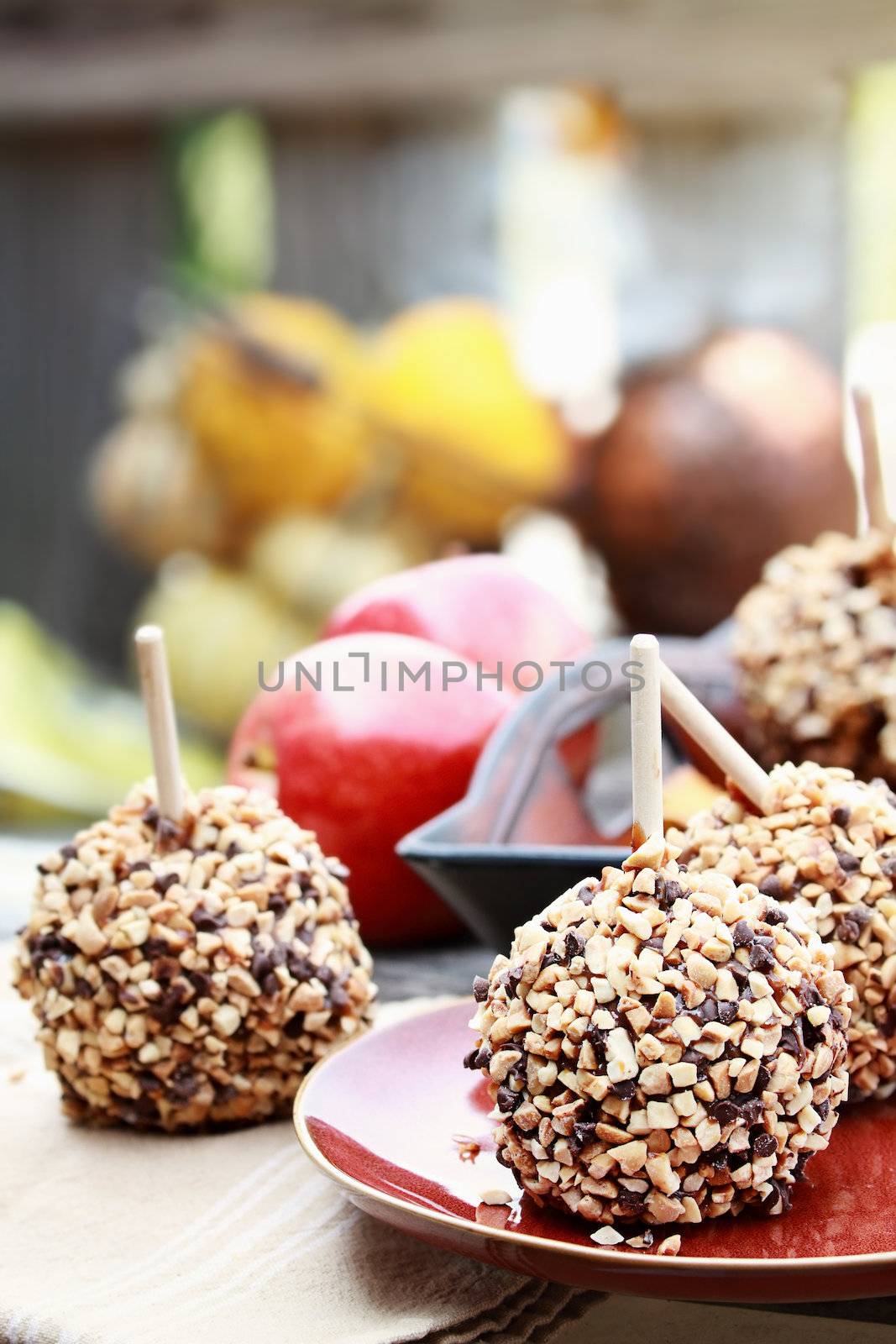 Apples dipped in caramel, chocolate chips and nuts with shallow depth of field.