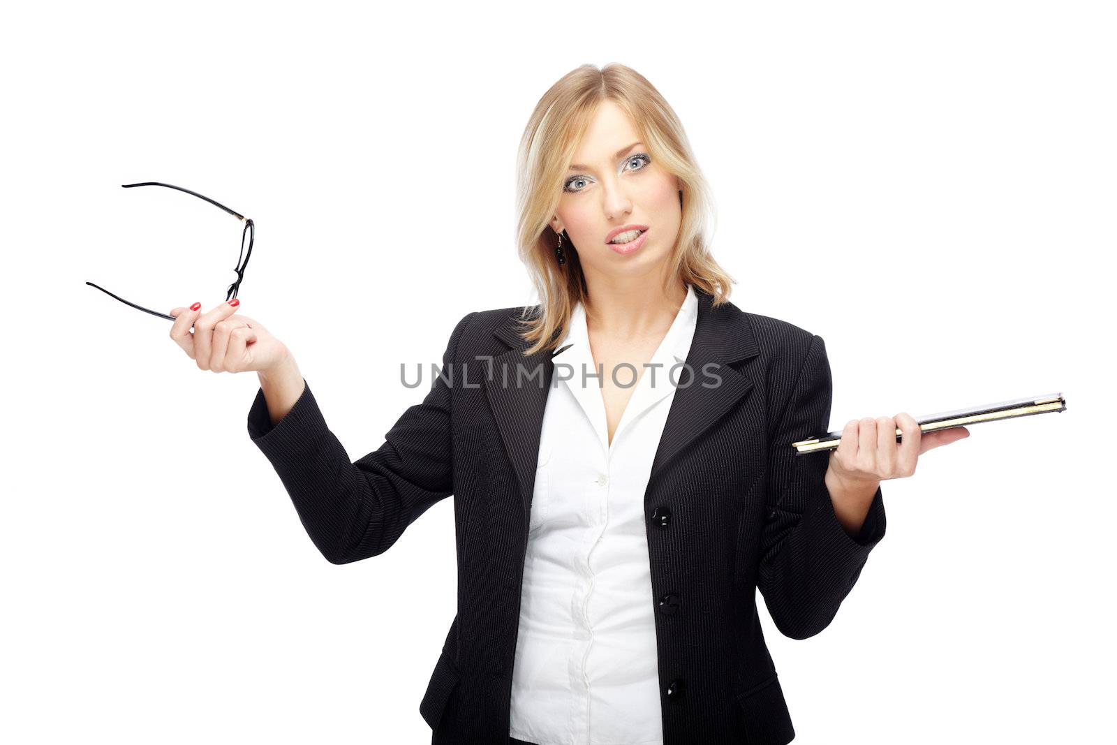 Angry businesswoman on white background holding folder and eyeglasses