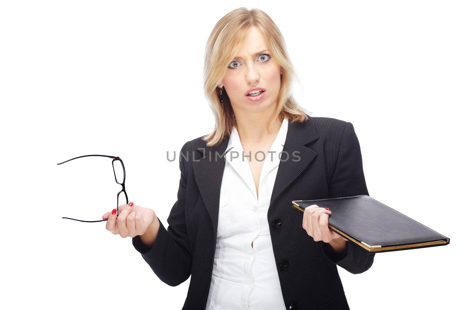 Businesswoman in crisis holding black folder and eyeglasses