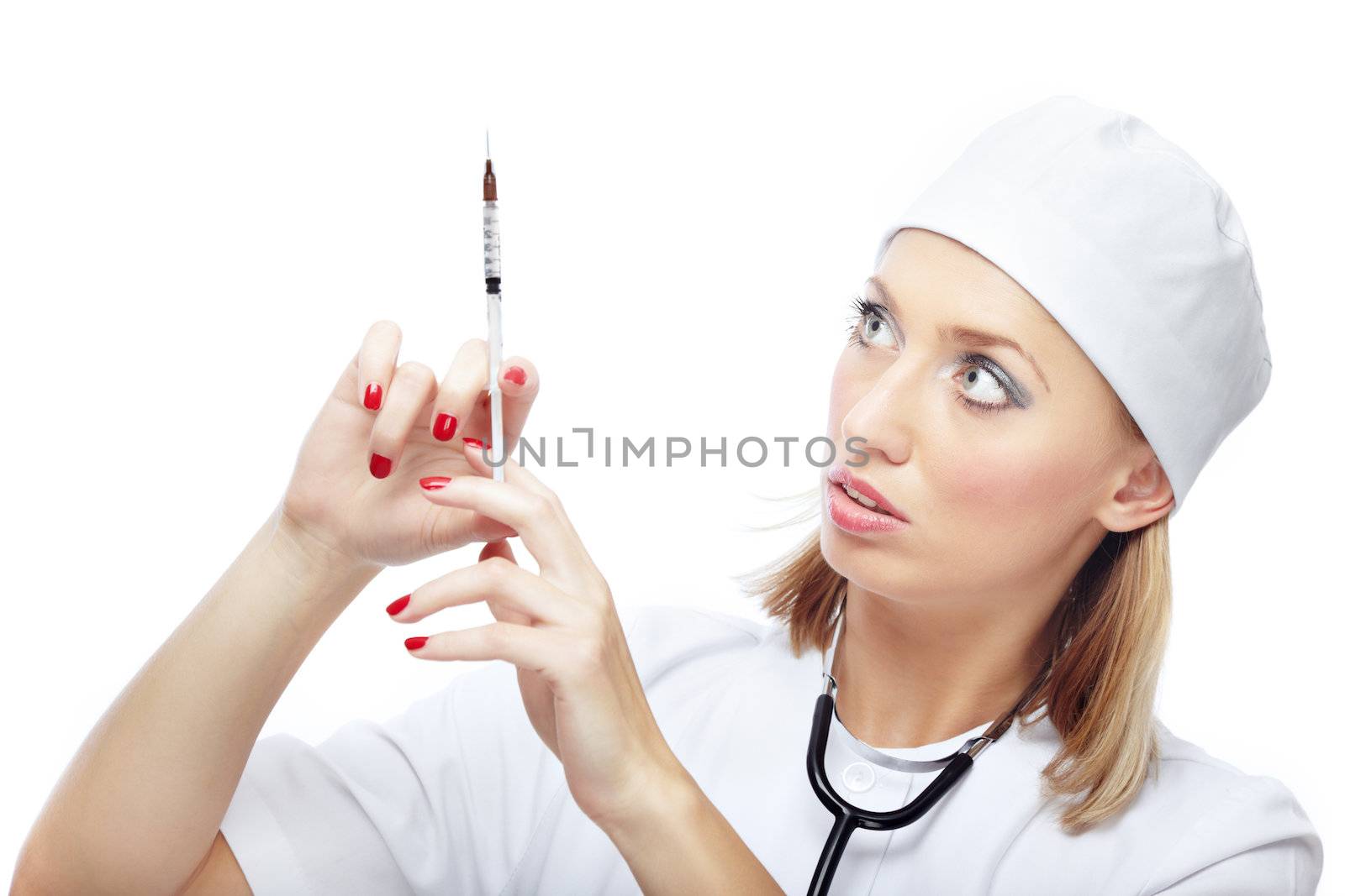 Doctor with single-use syringe on a white background