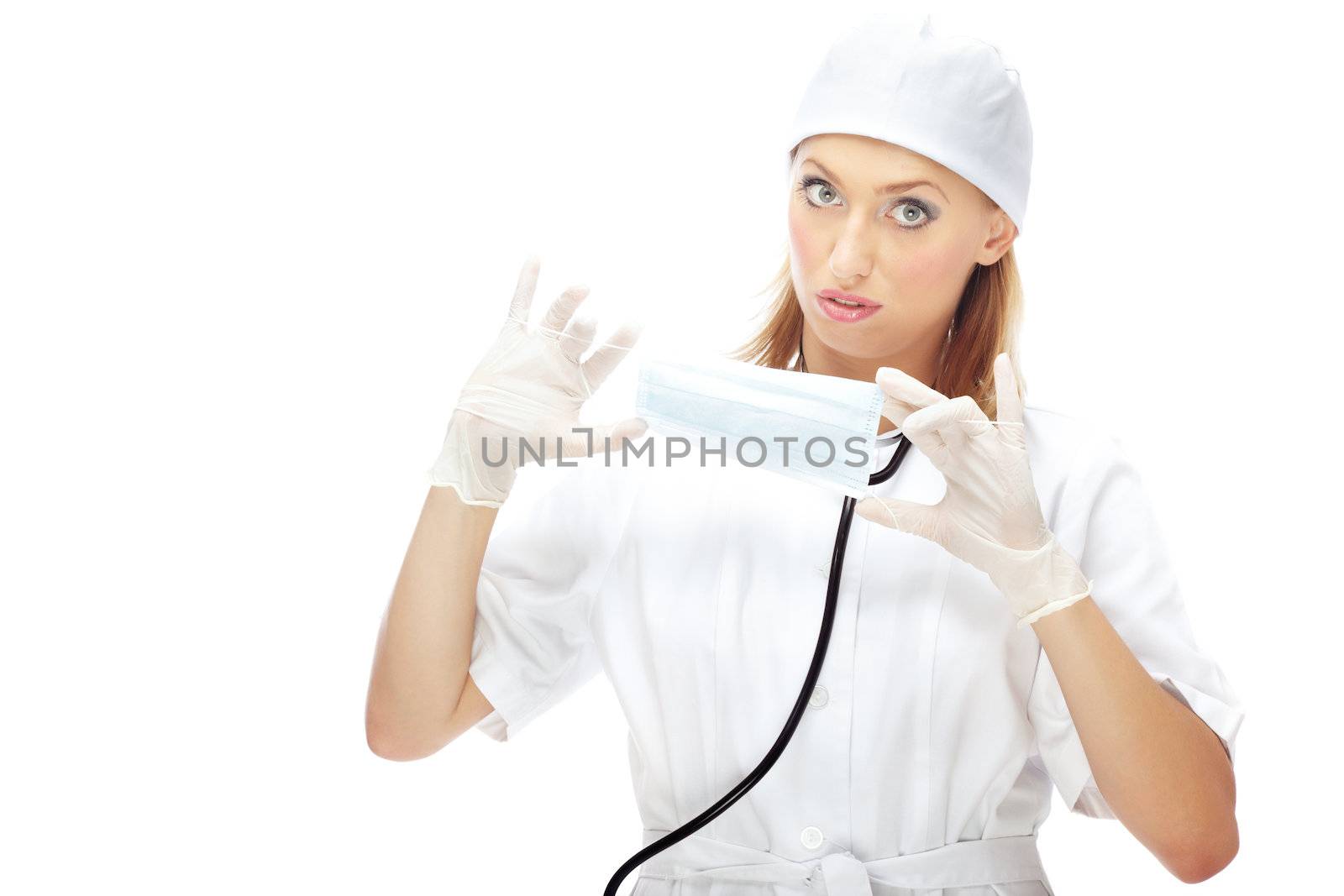 Doctor with protective mask on a white background