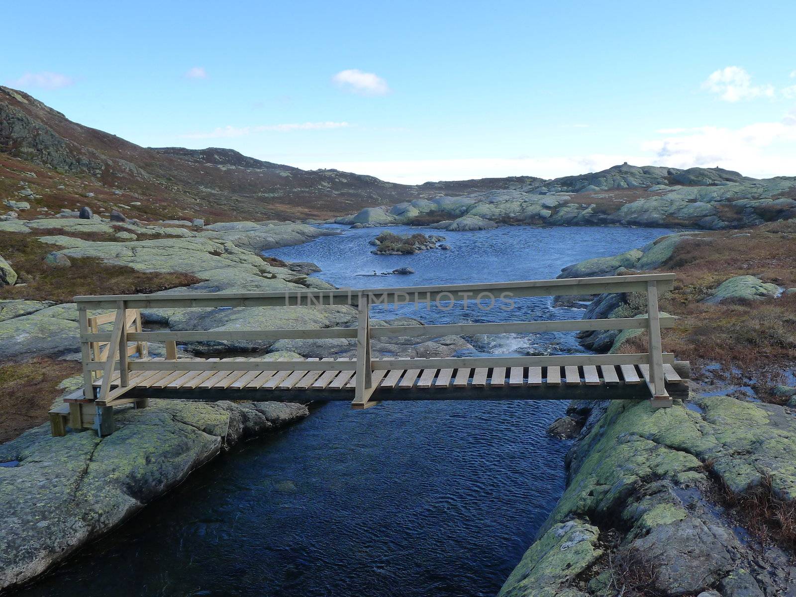 Wooden bridge in mountain landscape