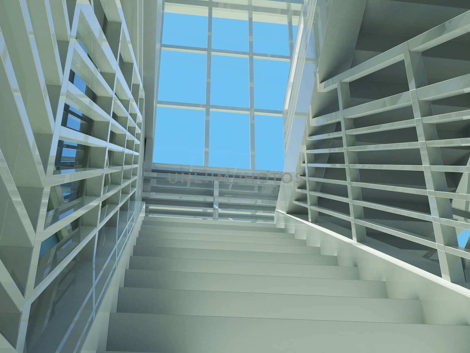 Architecture: staircase and windows. 3d render. Top view