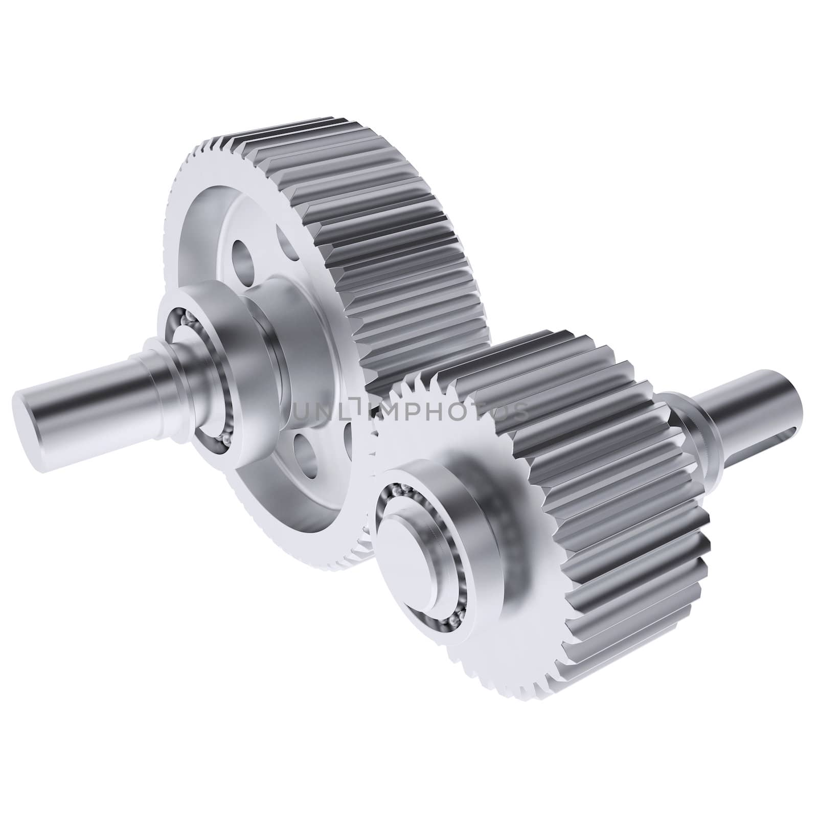 Metal shafts, gears and bearings. 3d render isolated on white background