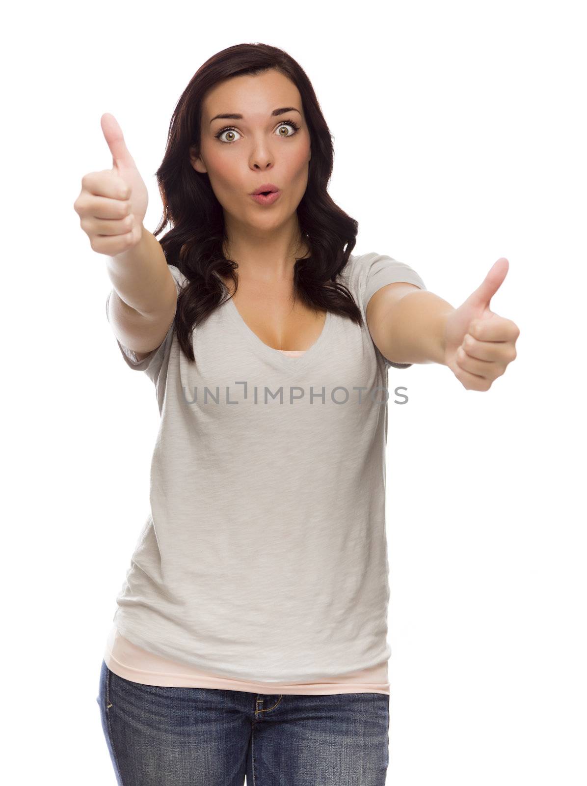 Wide Eyed Mixed Race Model Giving Thumbs Up on White by Feverpitched