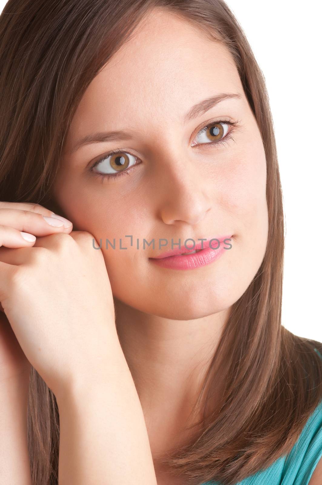 Woman day dreaming in a white background 