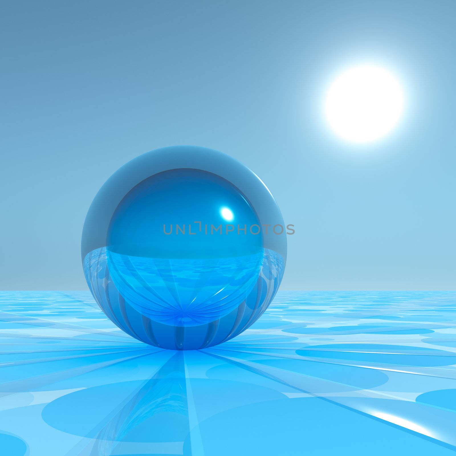Blue crystal sphere on surreal horizon and sun lines leading away from sphere.