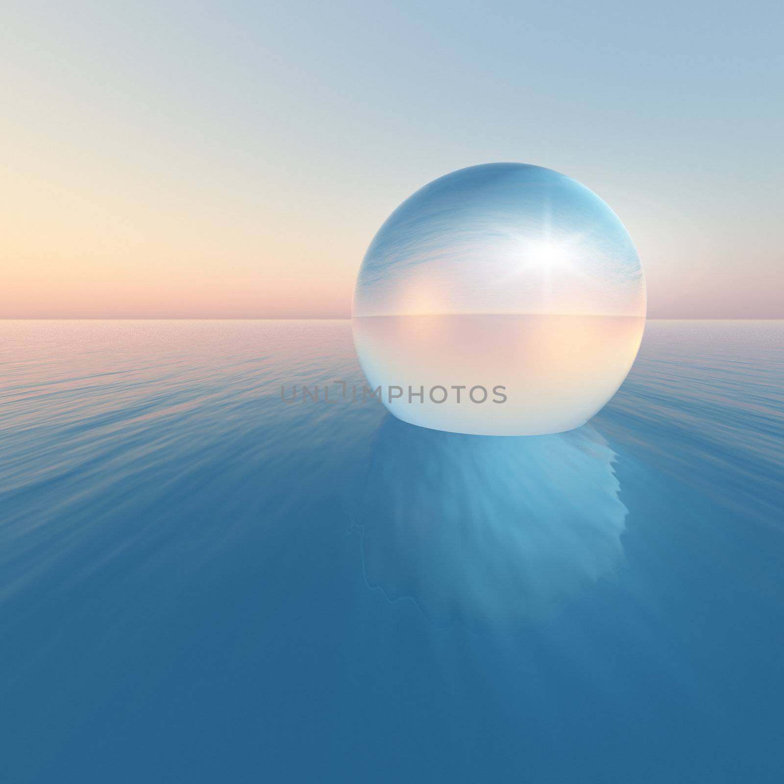 A surreal crystal sphere floating over the ocean horizon on clear morning sky.