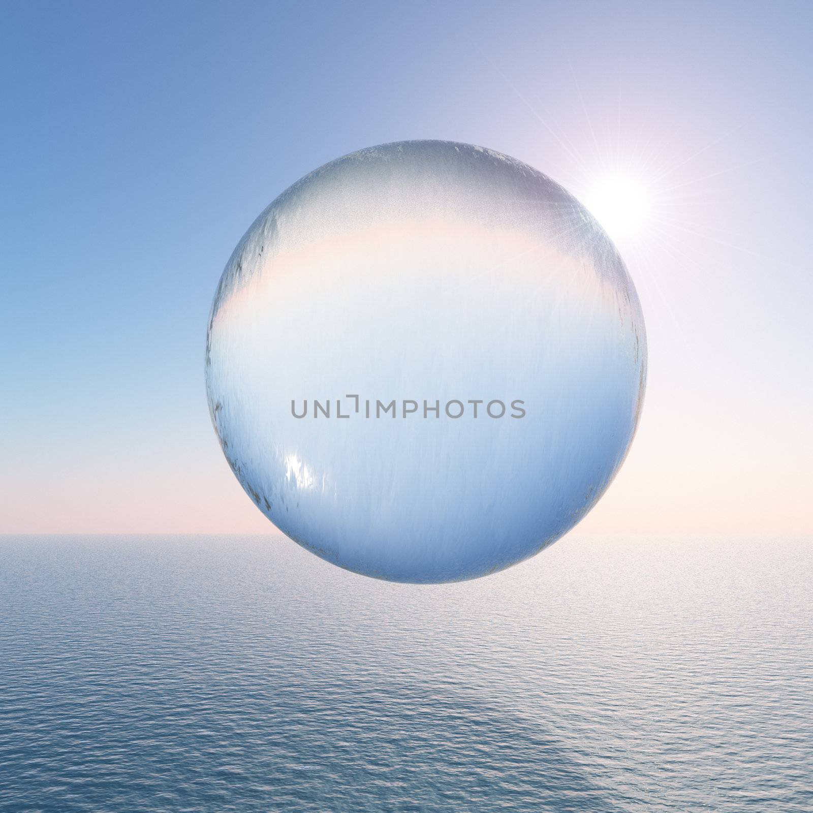 A surreal water sphere hovering above the sea against a clear sky and sun.