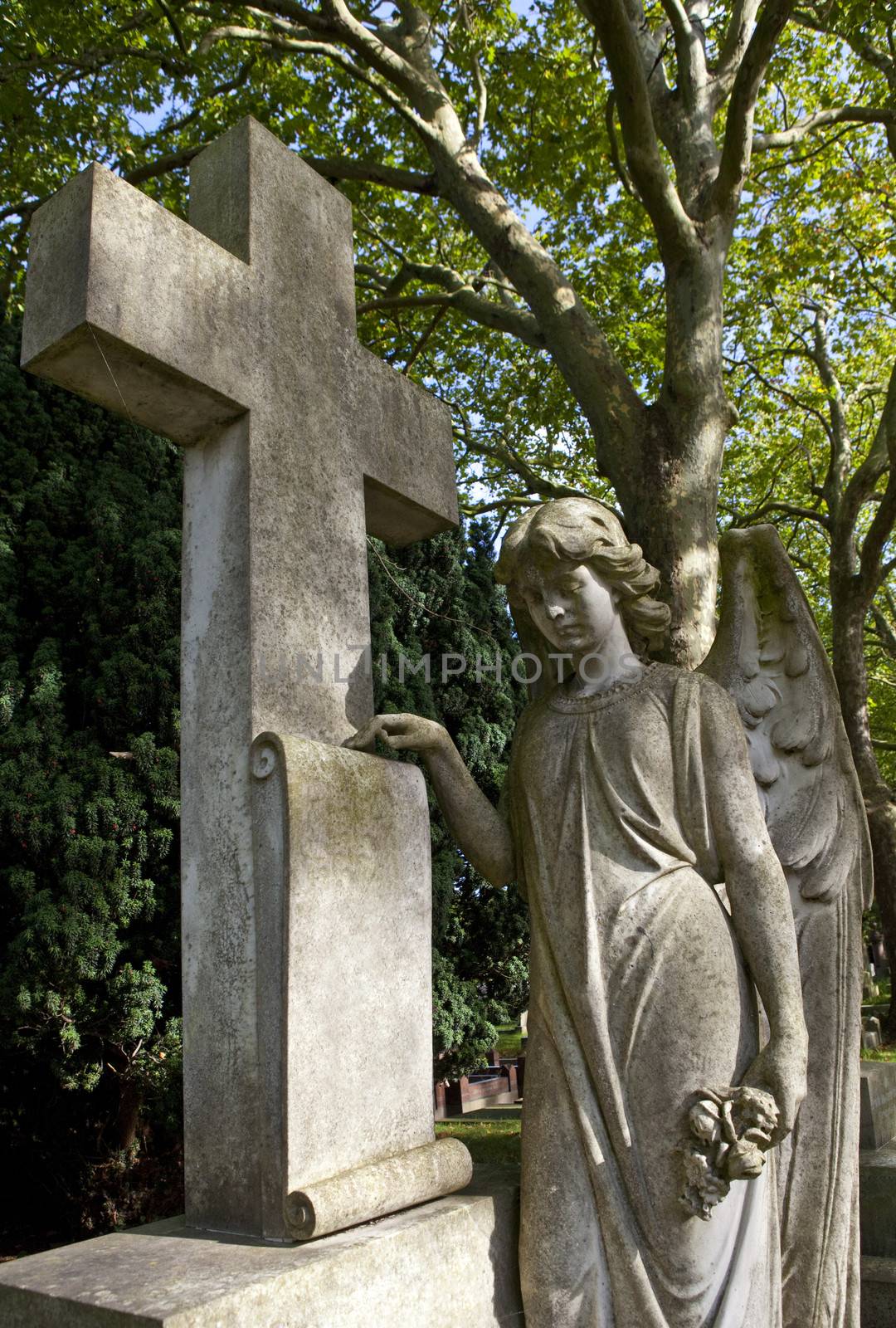 An Angel and Cross in a London graveyard.