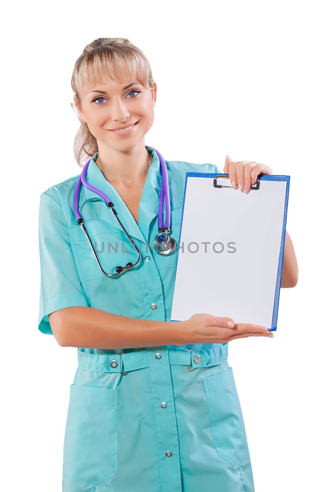 a smiling female doctor demonstration clipboard with empty sheet by mihalec