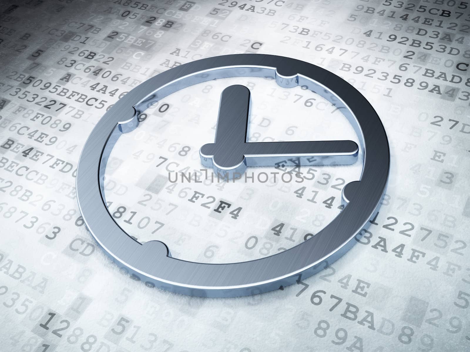 Time concept: Silver Clock on digital background, 3d render