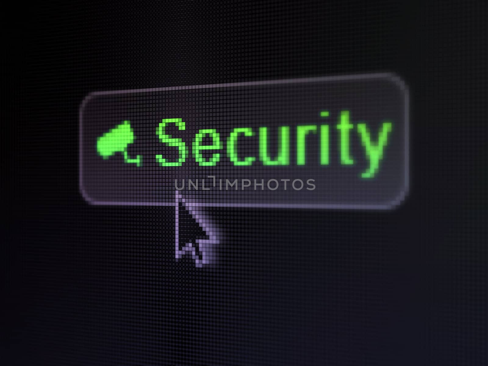 Security concept: pixelated words Security and Cctv Camera icon on button whis cursor on digital computer screen background, selected focus